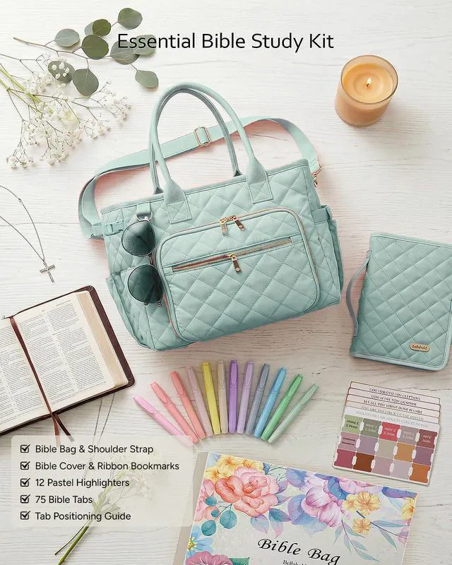 Alt view image 2 of 7 - Large Bible Bag with Bible Cover Case for Women, Quilted Bible Tote Bag Church Bag Bible Carrying Case with Study Supplies & Shoulder Strap, Christian Bible Gifts for Women Teacher Mom, Sage Green