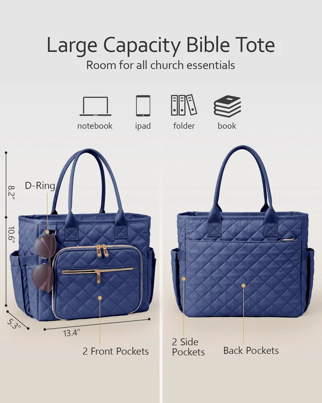 Alt view image 3 of 7 - Large Bible Bag with Bible Cover Case for Women, Quilted Bible Tote Bag Church Bag Bible Carrying Case with Study Supplies & Shoulder Strap, Christian Bible Gifts for Women Teacher Mom, Navy