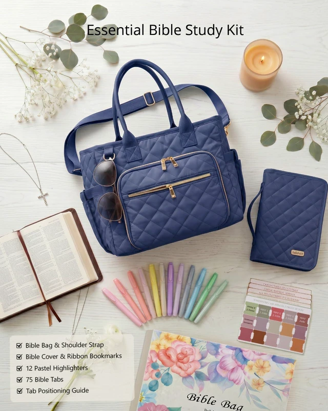 Alt view image 2 of 7 - Large Bible Bag with Bible Cover Case for Women, Quilted Bible Tote Bag Church Bag Bible Carrying Case with Study Supplies & Shoulder Strap, Christian Bible Gifts for Women Teacher Mom, Navy