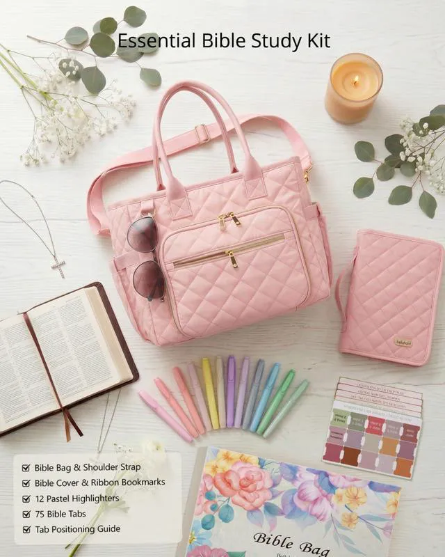 Alt view image 2 of 7 - Large Bible Bag with Bible Cover Case for Women, Quilted Bible Tote Bag Church Bag Bible Carrying Case with Study Supplies & Shoulder Strap, Christian Bible Gifts for Women Teacher Mom, Blush Pink