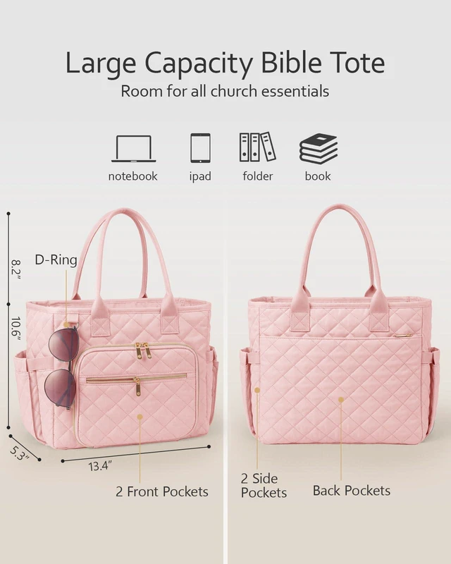 Alt view image 3 of 7 - Large Bible Bag with Bible Cover Case for Women, Quilted Bible Tote Bag Church Bag Bible Carrying Case with Study Supplies & Shoulder Strap, Christian Bible Gifts for Women Teacher Mom, Blush Pink