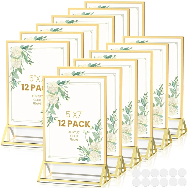 Main image of Gold Frames 5X7 Acrylic Sign Holder Double-Sided Picture Frames Acrylic Stand for Menu Holder Wedding Table Number Christmas Photo Frames with Sticky Dots,12 Pack
