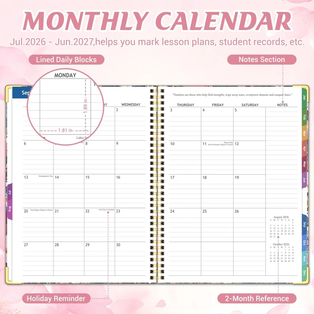Alt view image 2 of 6 - Teacher Planner 2026-2027 Academic Year, Lesson Plan Book 8.5"x11" July 2026-June 2027, Teacher Calendar with 14 Checklists & Gold Corners for Homeschool & Classroom Organization, Floral