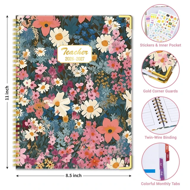 Alt view image 4 of 6 - Teacher Planner 2026-2027 Academic Year, Lesson Plan Book 8.5"x11" July 2026-June 2027, Teacher Calendar with 14 Checklists & Gold Corners for Homeschool & Classroom Organization, Floral