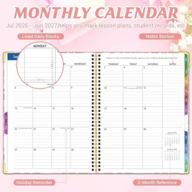 Alt view image 2 of 6 - Teacher Planner 2026-2027 Academic Year, Lesson Plan Book 8.5"x11" July 2026-June 2027, Teacher Calendar with 14 Checklists & Gold Corners for Homeschool & Classroom Organization, Pink