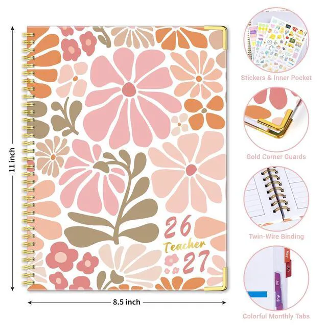 Alt view image 4 of 6 - Teacher Planner 2026-2027 Academic Year, Lesson Plan Book 8.5"x11" July 2026-June 2027, Teacher Calendar with 14 Checklists & Gold Corners for Homeschool & Classroom Organization, Pink