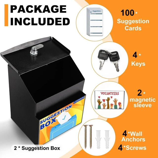 Alt view image 3 of 7 - Suggestion Boxes with Magnetic Sign Holder, 2 Pack Donation Boxes Metal Wall Mounted Ballot for Fundraising and 50 Free Suggestion Cards, with 2 Keys 8.4 x 5.8 x 7.0 inch,Black