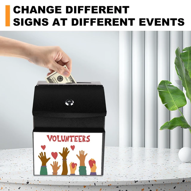 Alt view image 5 of 7 - Suggestion Boxes with Magnetic Sign Holder, 2 Pack Donation Boxes Metal Wall Mounted Ballot for Fundraising and 50 Free Suggestion Cards, with 2 Keys 8.4 x 5.8 x 7.0 inch,Black