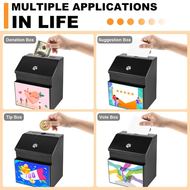 Alt view image 6 of 7 - Suggestion Boxes with Magnetic Sign Holder, 2 Pack Donation Boxes Metal Wall Mounted Ballot for Fundraising and 50 Free Suggestion Cards, with 2 Keys 8.4 x 5.8 x 7.0 inch,Black