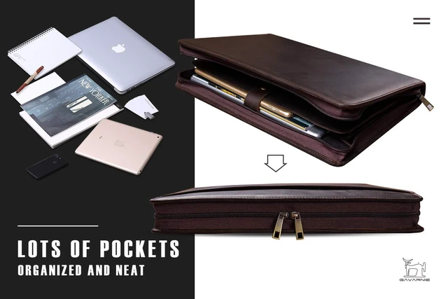Alt view image 3 of 6 - Genuine Leather Business Portfolio Padfolio Folder with Zipper for Men, Men's Leather Padfolio Folder for 13" Laptop, Business Portfolio for Letter Size Notepad, Graduation GiftDark Brown