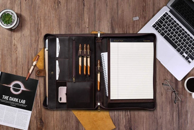 Alt view image 6 of 6 - Genuine Leather Business Portfolio Padfolio Folder with Zipper for Men, Men's Leather Padfolio Folder for 13" Laptop, Business Portfolio for Letter Size Notepad, Graduation GiftDark Brown