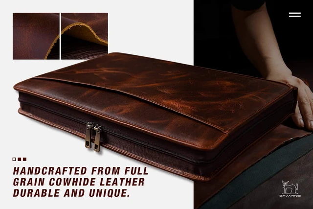 Alt view image 2 of 6 - Genuine Leather Business Portfolio Padfolio Folder with Zipper for Men, Men's Leather Padfolio Folder for 13" Laptop, Business Portfolio for Letter Size Notepad, Graduation GiftOil Wax