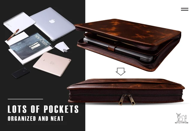 Alt view image 3 of 6 - Genuine Leather Business Portfolio Padfolio Folder with Zipper for Men, Men's Leather Padfolio Folder for 13" Laptop, Business Portfolio for Letter Size Notepad, Graduation GiftOil Wax