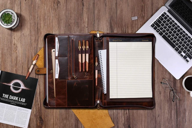 Alt view image 6 of 6 - Genuine Leather Business Portfolio Padfolio Folder with Zipper for Men, Men's Leather Padfolio Folder for 13" Laptop, Business Portfolio for Letter Size Notepad, Graduation GiftOil Wax