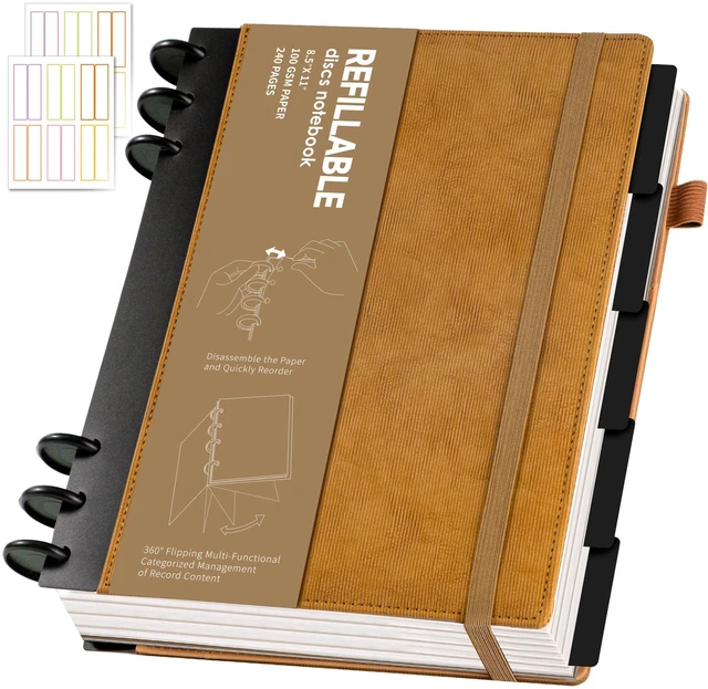 Main image of Refillable Notebooks for Work 5 Subject with Removable Dividers Tabs Brown,240 Pages Hardcover Leather Journals for Writing Large Discbound Planner Colleged Ruled Paper for Women Men,8.58 x 11