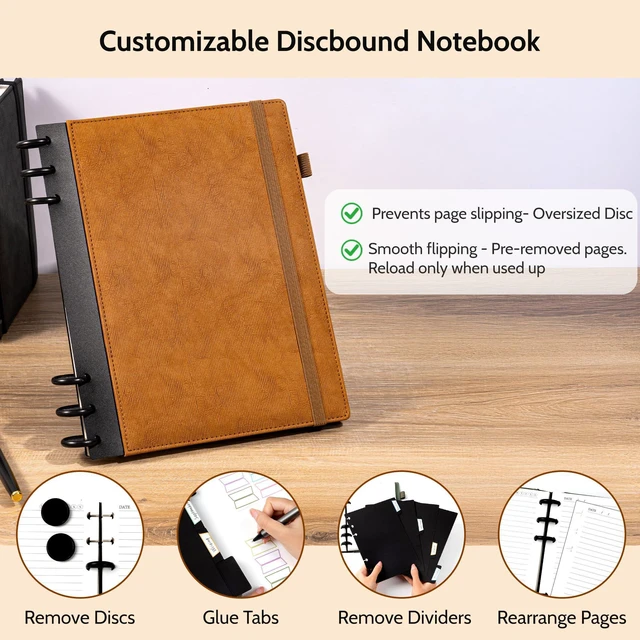 Alt view image 2 of 7 - Refillable Notebooks for Work 5 Subject with Removable Dividers Tabs Brown,240 Pages Hardcover Leather Journals for Writing Large Discbound Planner Colleged Ruled Paper for Women Men,8.58 x 11