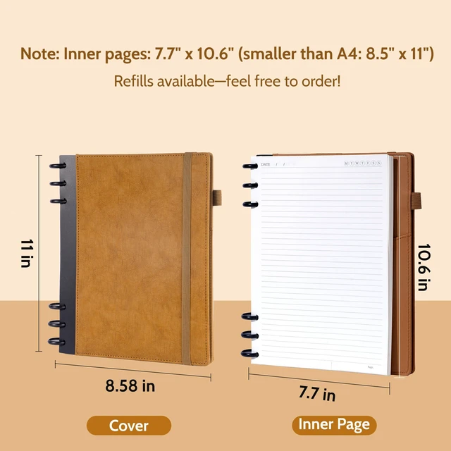 Alt view image 5 of 7 - Refillable Notebooks for Work 5 Subject with Removable Dividers Tabs Brown,240 Pages Hardcover Leather Journals for Writing Large Discbound Planner Colleged Ruled Paper for Women Men,8.58 x 11