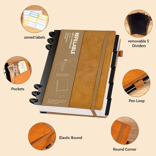 Alt view image 6 of 7 - Refillable Notebooks for Work 5 Subject with Removable Dividers Tabs Brown,240 Pages Hardcover Leather Journals for Writing Large Discbound Planner Colleged Ruled Paper for Women Men,8.58 x 11