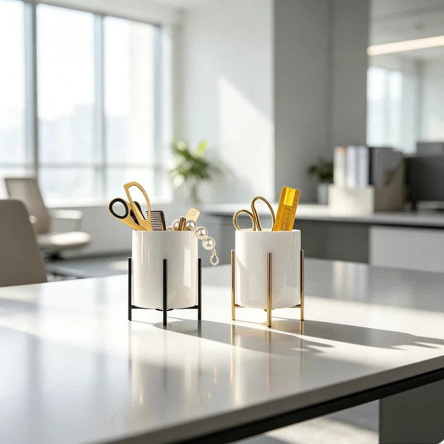 Alt view image 2 of 5 - Black Pencil Cup Sturdy Metal Frame with White Ceramic Pen Holder For Desks and Kitchen Appliance holders