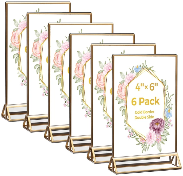 Main image of 6 Pack Acrylic Sign Holder 4x6 Gold Frames, Wedding Table Number Holders Double Sided Vertical Clear Display Stand, Picture Holders for Tables, Menus, Flyers, Party and Office Decor
