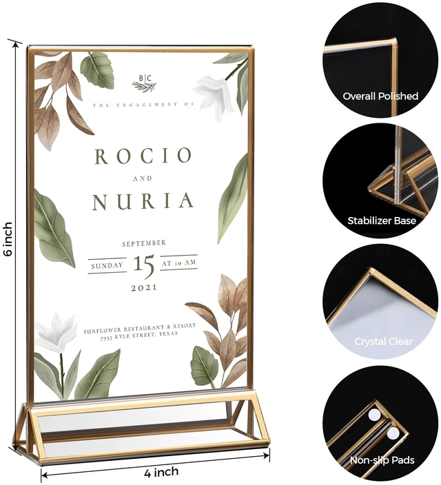 Alt view image 2 of 7 - 6 Pack Acrylic Sign Holder 4x6 Gold Frames, Wedding Table Number Holders Double Sided Vertical Clear Display Stand, Picture Holders for Tables, Menus, Flyers, Party and Office Decor