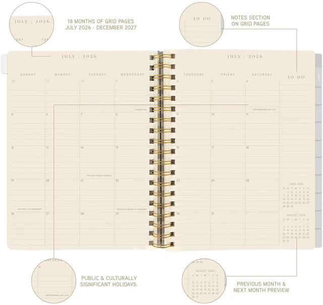 Alt view image 3 of 5 - Peanuts 18 Month Planner, July 2026 Dec. 2027, Hardbound Spiral Planner with Monthly Tabs, Holidays & Reminder Stickers, 6 x 8
