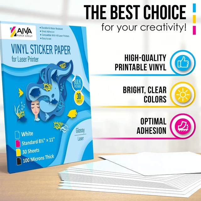 Alt view image 5 of 5 - Printable Vinyl Sticker Paper for Laser Printer - Glossy White - 30 Self-Adhesive Sheets - Waterproof Decal Paper - Standard Letter Size 8.5"x11"