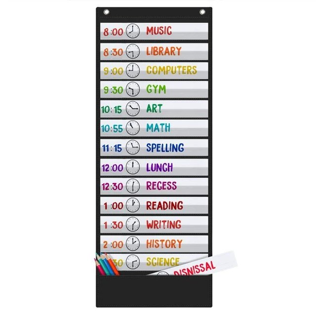 Main image of Daily Schedule Pocket Chart, 13+1 Scheduling Pocket Chart with18 Dry-Eraser Cards, Educational Charts for Classroom Office Home Preschool Activity (Black)
