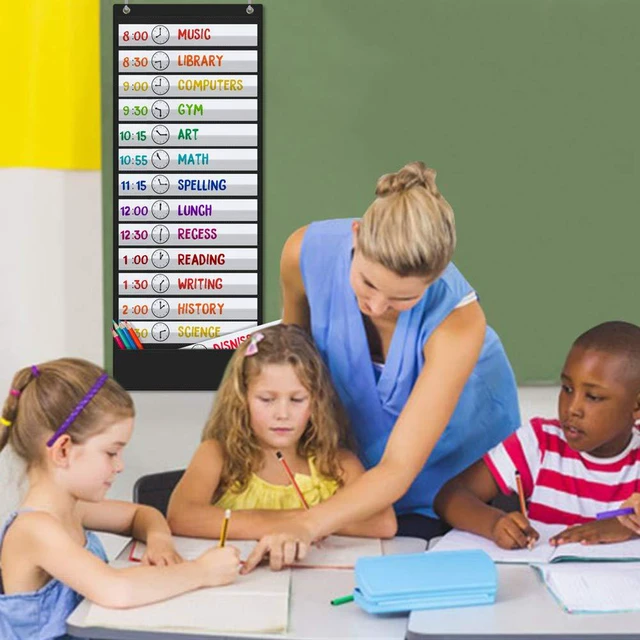 Alt view image 2 of 7 - Daily Schedule Pocket Chart, 13+1 Scheduling Pocket Chart with18 Dry-Eraser Cards, Educational Charts for Classroom Office Home Preschool Activity (Black)