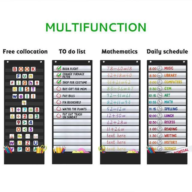 Alt view image 3 of 7 - Daily Schedule Pocket Chart, 13+1 Scheduling Pocket Chart with18 Dry-Eraser Cards, Educational Charts for Classroom Office Home Preschool Activity (Black)