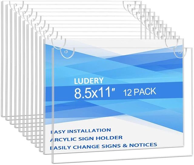Main image of Acrylic Sign Holder 8.5 x 11 Horizontal, Wall Mount Document Holder, Clear Plastic Picture Frame with Tape Adhesive and Screws for Office, Home, Store, Restaurant - 12 Pack