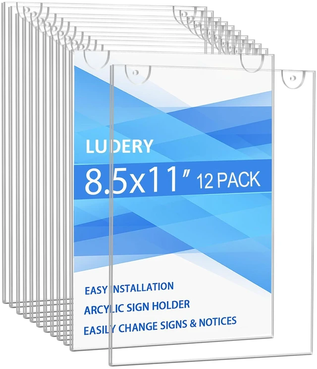 Main image of Acrylic Sign Holder 8.5 x 11 Vertical, Wall Mount Document Holder, Clear Plastic Picture Frame with Tape Adhesive and Screws for Office, Home, Store, Restaurant - 12 Pack