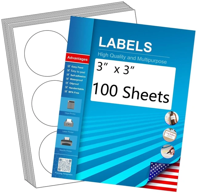 Main image of 3" Round Blank Printable Labels, Adhesive Circles for Inkjet Printing | 6 Per Sheet, Matte White (Pack of 100), HB-C006