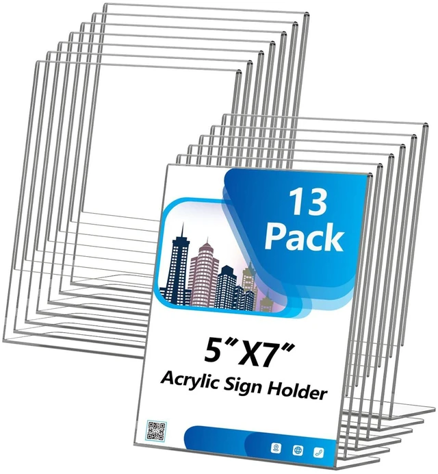 Main image of Acrylic Sign Holder 5x7 Inches, 13 Pack Clear Plastic Table Flyer Display Stand, L-Shape Vertical Menu Paper Holder Stand, Clear Picture Photo Flyer Display Stand for Restaurants, Store Fair,Office