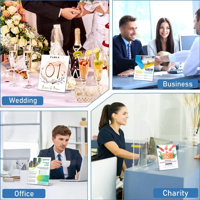 Alt view image 5 of 7 - Acrylic Sign Holder 5x7 Inches, 13 Pack Clear Plastic Table Flyer Display Stand, L-Shape Vertical Menu Paper Holder Stand, Clear Picture Photo Flyer Display Stand for Restaurants, Store Fair,Office