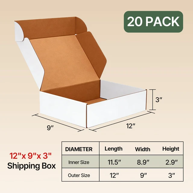 Alt view image 3 of 7 - 20 Pack 12x9x3 Inch White Shipping Boxes, Corrugated Cardboard Mailer Boxes for Small Business Packaging, Easy-to-Fold Design for Mailing, Gift Wrapping, and Everyday Organizing