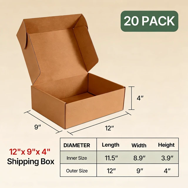 Alt view image 3 of 7 - 20 Pack 12x9x4 Inch Brown Shipping Boxes, Corrugated Cardboard Mailer Boxes for Small Business Packaging, Easy-to-Fold Design for Mailing, Gift Wrapping, and Everyday Organizing