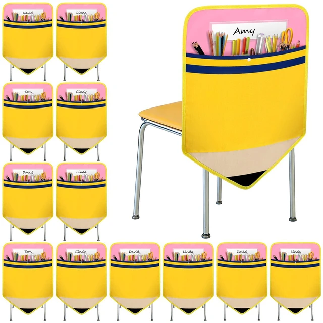 Main image of 12 Pack Pencil Chair Pockets for Classrooms 17x18 Inch Seat Sacks with 12 Name Slots Chair Back Buddy Student Back of Chair Organizer for K-2 Back to School Seat Supplies