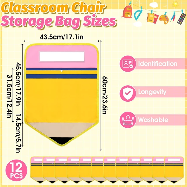 Alt view image 2 of 7 - 12 Pack Pencil Chair Pockets for Classrooms 17x18 Inch Seat Sacks with 12 Name Slots Chair Back Buddy Student Back of Chair Organizer for K-2 Back to School Seat Supplies