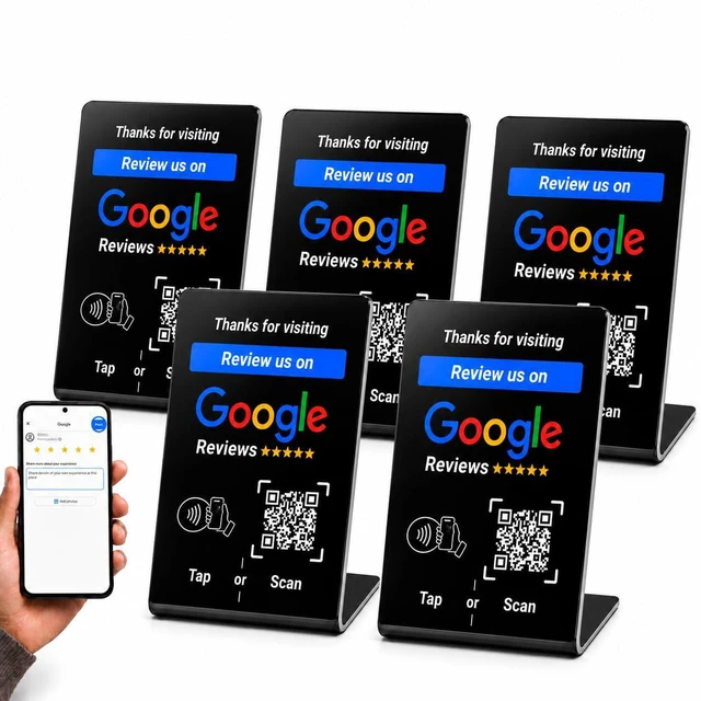 Main image of NFC Tap Google Review Stand, Black, Compact 4.3"x2.7", 5-Stands Boost Customer Feedback, Tap & Scan QR, No App, No Subscription, Works on iPhone & Android