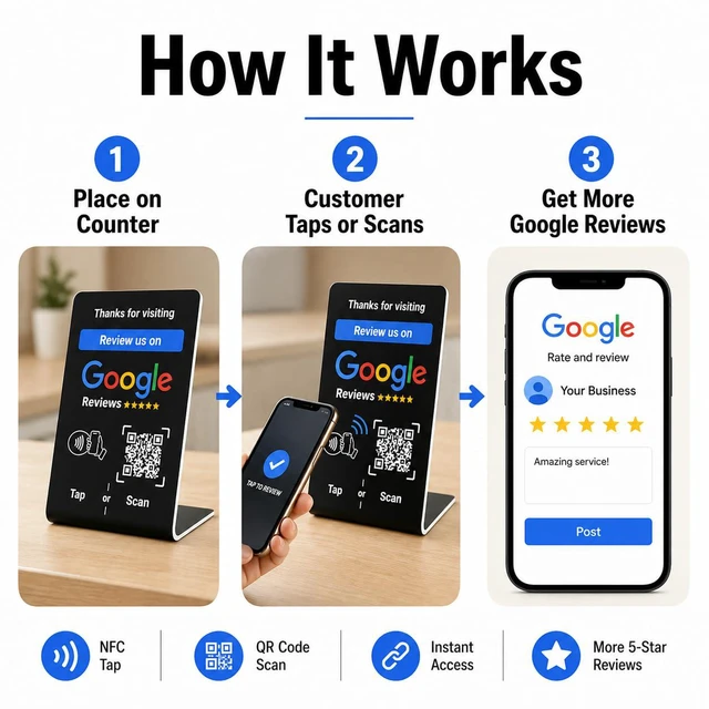 Alt view image 5 of 7 - NFC Tap Google Review Stand, Black, Compact 4.3"x2.7", 5-Stands Boost Customer Feedback, Tap & Scan QR, No App, No Subscription, Works on iPhone & Android