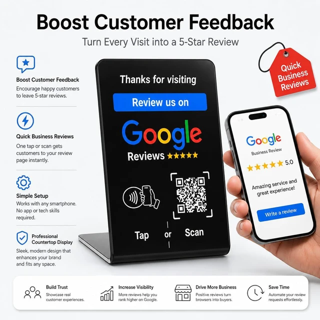 Alt view image 3 of 7 - NFC Tap Google Review Stand, Black, Compact 4.3"x2.7", 5-Stands Boost Customer Feedback, Tap & Scan QR, No App, No Subscription, Works on iPhone & Android