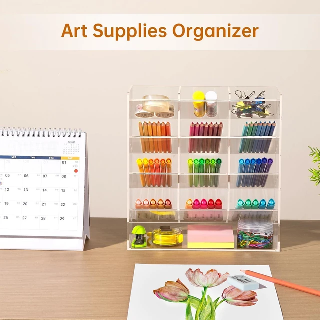 Alt view image 5 of 7 - Acrylic Vertical Marker Organizer for 150 Markers, Desk Orgaizer 13 Compartments Clear Angled Pen & Pencil Holder, Large Stationery & Art Supply Storage for School (10.2 x 9.8 x 4 Inch)