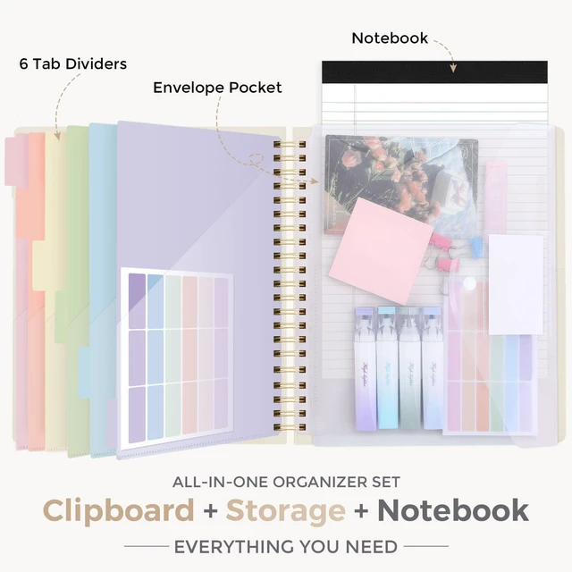 Alt view image 2 of 7 - Storage Clipboard Folder with 6 Dividers & Refillable Notepad 6 Dividers with 12 Pockets for Letter Size, A Snap-seal Letter size Pouch,Spiral Clipboards Padfolio for Teacher Worker Nurse