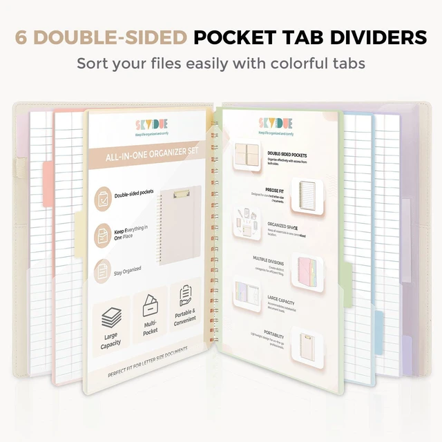 Alt view image 3 of 7 - Storage Clipboard Folder with 6 Dividers & Refillable Notepad 6 Dividers with 12 Pockets for Letter Size, A Snap-seal Letter size Pouch,Spiral Clipboards Padfolio for Teacher Worker Nurse