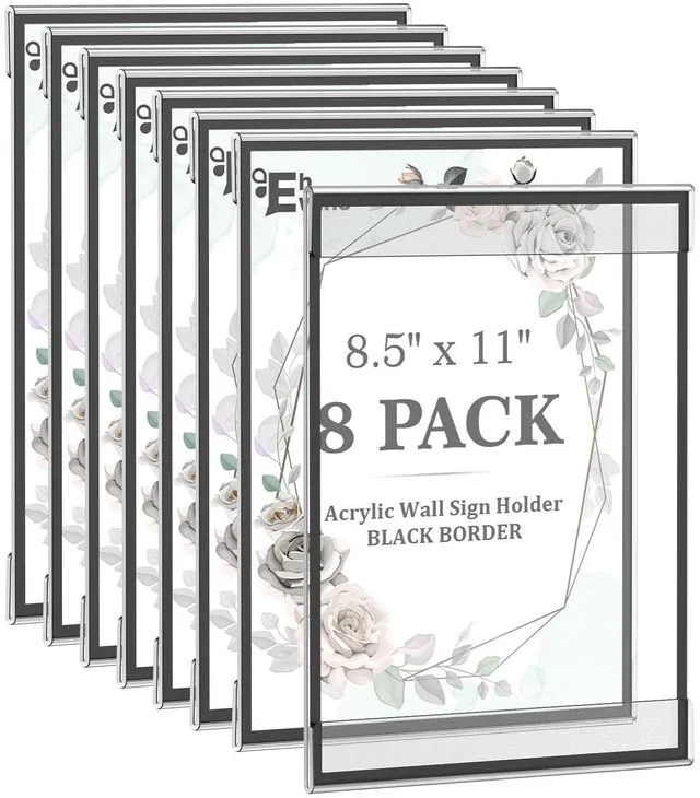 Main image of 8 Pack 8.5 x 11 Acrylic Sign Holder Wall Mount, Black Acrylic Picture Frame for Photo Menu Flyer Display, Wedding Party Home Hotel Store(with Adhesive Tape)