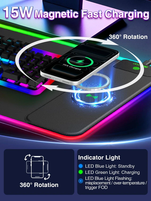 Alt view image 2 of 7 - XL RGB LED Gaming Mouse Pad with 15W Magnetic Wireless Charging 31.5'' x 11.8'' Large Desk Mat, 24 Lighting Effects Keyboard Pad with Non-Slip Rubber Base, Waterproof Easy Gliding Surface