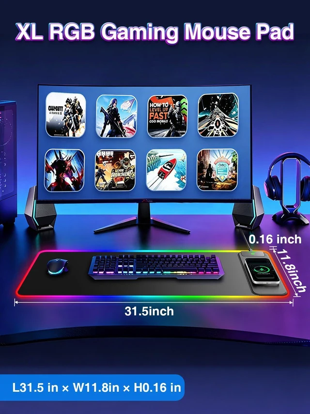 Alt view image 3 of 7 - XL RGB LED Gaming Mouse Pad with 15W Magnetic Wireless Charging 31.5'' x 11.8'' Large Desk Mat, 24 Lighting Effects Keyboard Pad with Non-Slip Rubber Base, Waterproof Easy Gliding Surface