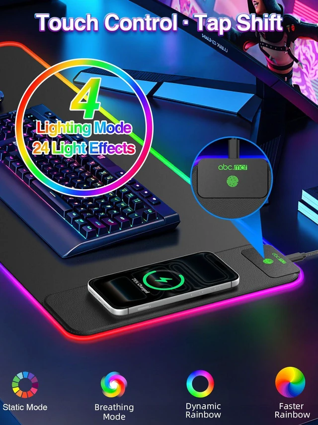 Alt view image 4 of 7 - XL RGB LED Gaming Mouse Pad with 15W Magnetic Wireless Charging 31.5'' x 11.8'' Large Desk Mat, 24 Lighting Effects Keyboard Pad with Non-Slip Rubber Base, Waterproof Easy Gliding Surface