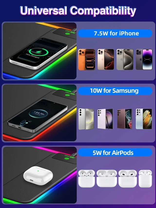 Alt view image 5 of 7 - XL RGB LED Gaming Mouse Pad with 15W Magnetic Wireless Charging 31.5'' x 11.8'' Large Desk Mat, 24 Lighting Effects Keyboard Pad with Non-Slip Rubber Base, Waterproof Easy Gliding Surface
